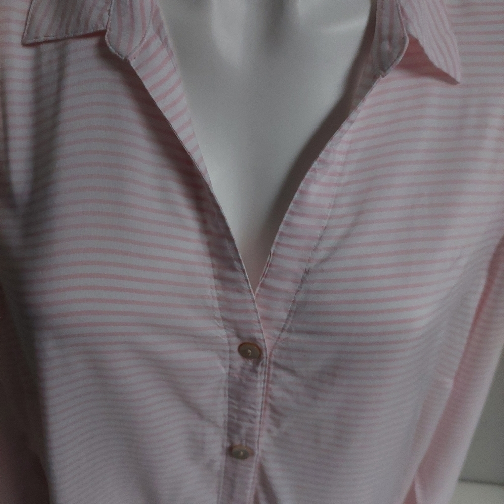 J Jill Pink White Stripped Tunic Top Button Down Light Silky Long Sleeve Size L - Picture 10 of 10